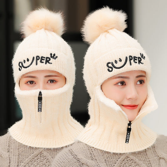 Women's Winter Knitted Hat Cold Weather Face Mask Neck Warmer Pom Beanie