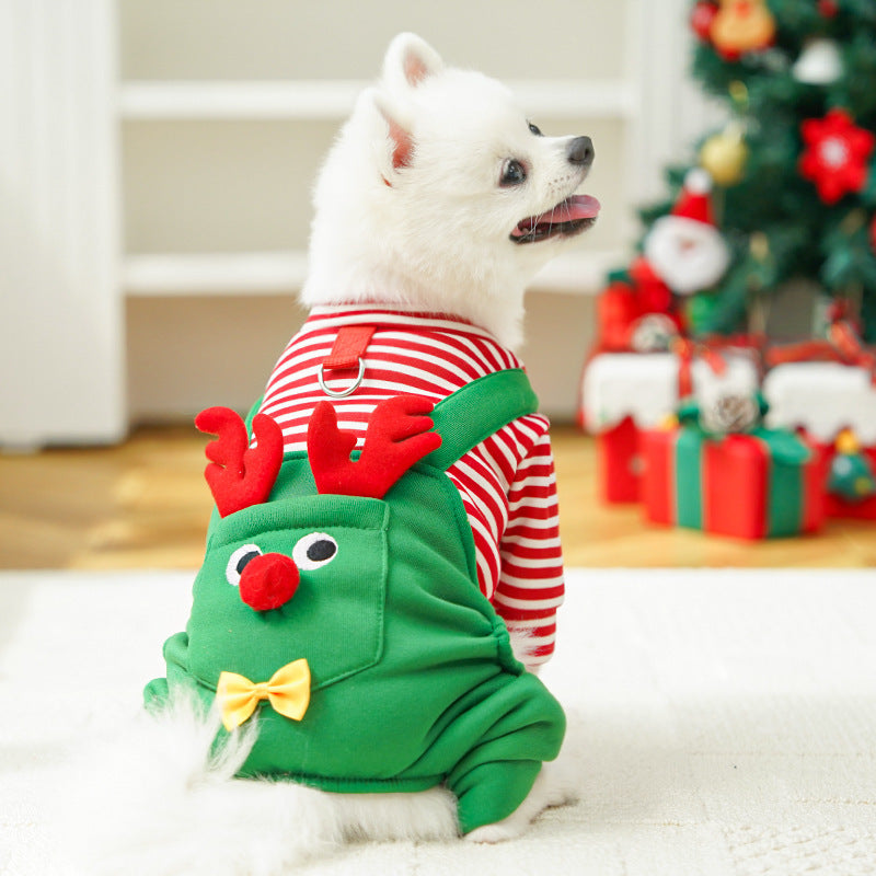 Festive Christmas Reindeer Puppy Pet Vest - Striped Fleece Dog Jacket with Leash D-Ring