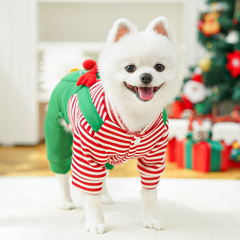 Festive Christmas Reindeer Puppy Pet Vest - Striped Fleece Dog Jacket with Leash D-Ring