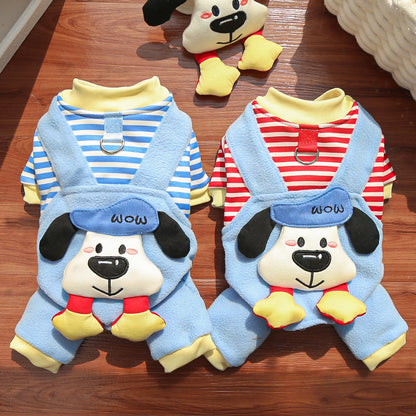 Cute Cartoon Puppy Pet Vest - Striped Fleece Dog Jacket with Leash D-Ring