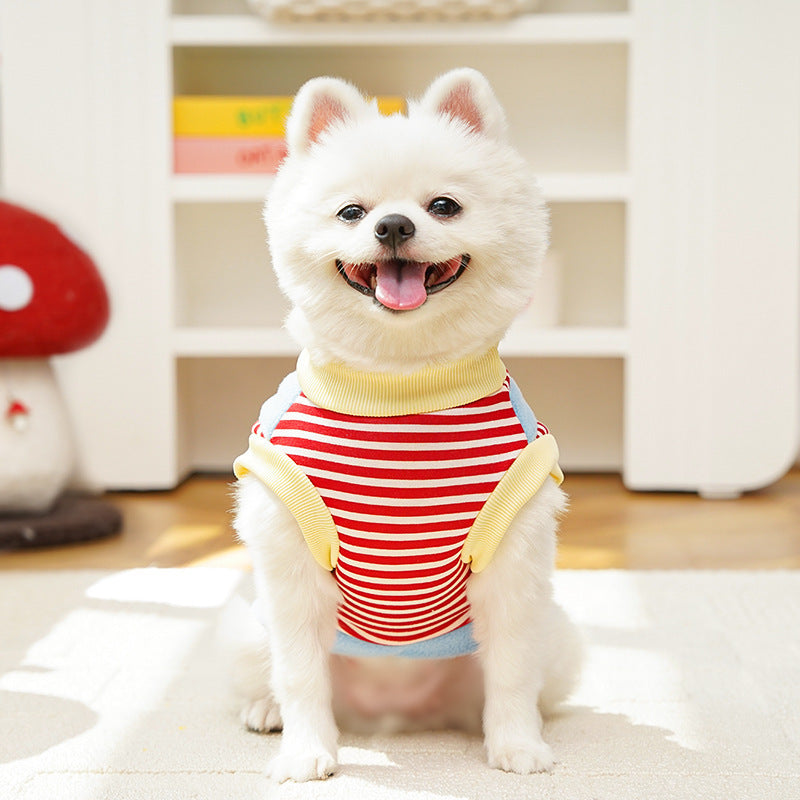 Cute Cartoon Puppy Pet Vest - Striped Fleece Dog Jacket with Leash D-Ring