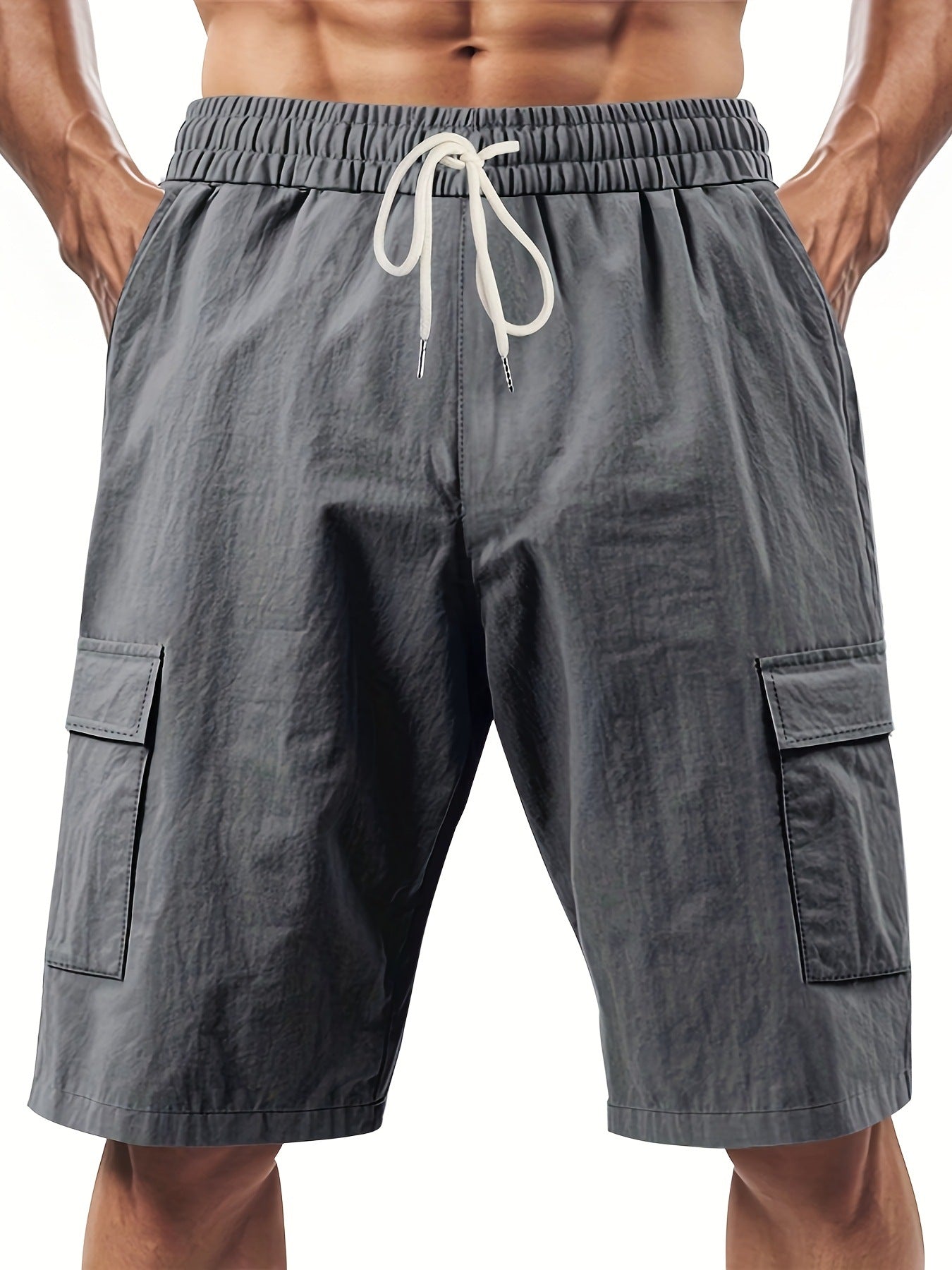 Men's Linen-Blend Cargo Shorts, Elastic Waist Drawstring Multi-Pocket Casual Summer Shorts