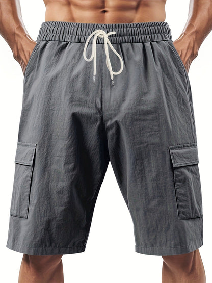 Men's Linen-Blend Cargo Shorts, Elastic Waist Drawstring Multi-Pocket Casual Summer Shorts