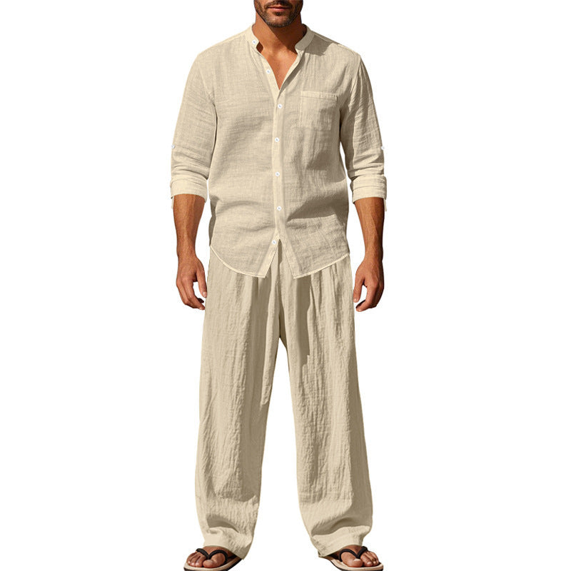 Men's Linen Blend 2-Piece Outfit, Stand Collar Roll-Up Sleeve Shirt & Wide Leg Pants Casual Set