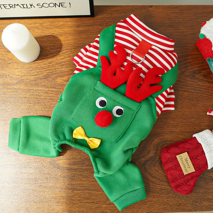 Festive Christmas Reindeer Puppy Pet Vest - Striped Fleece Dog Jacket with Leash D-Ring