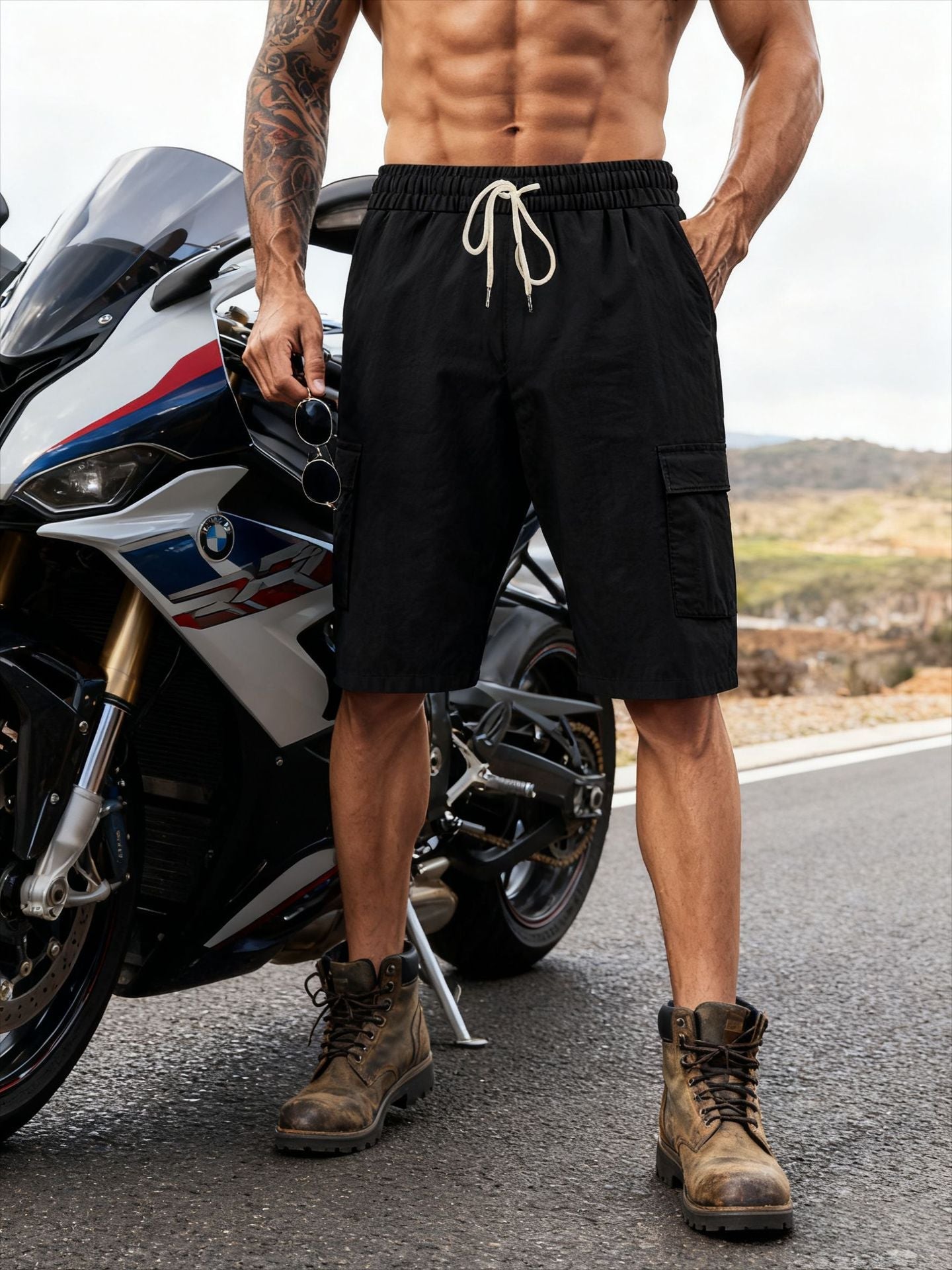 Men's Linen-Blend Cargo Shorts, Elastic Waist Drawstring Multi-Pocket Casual Summer Shorts