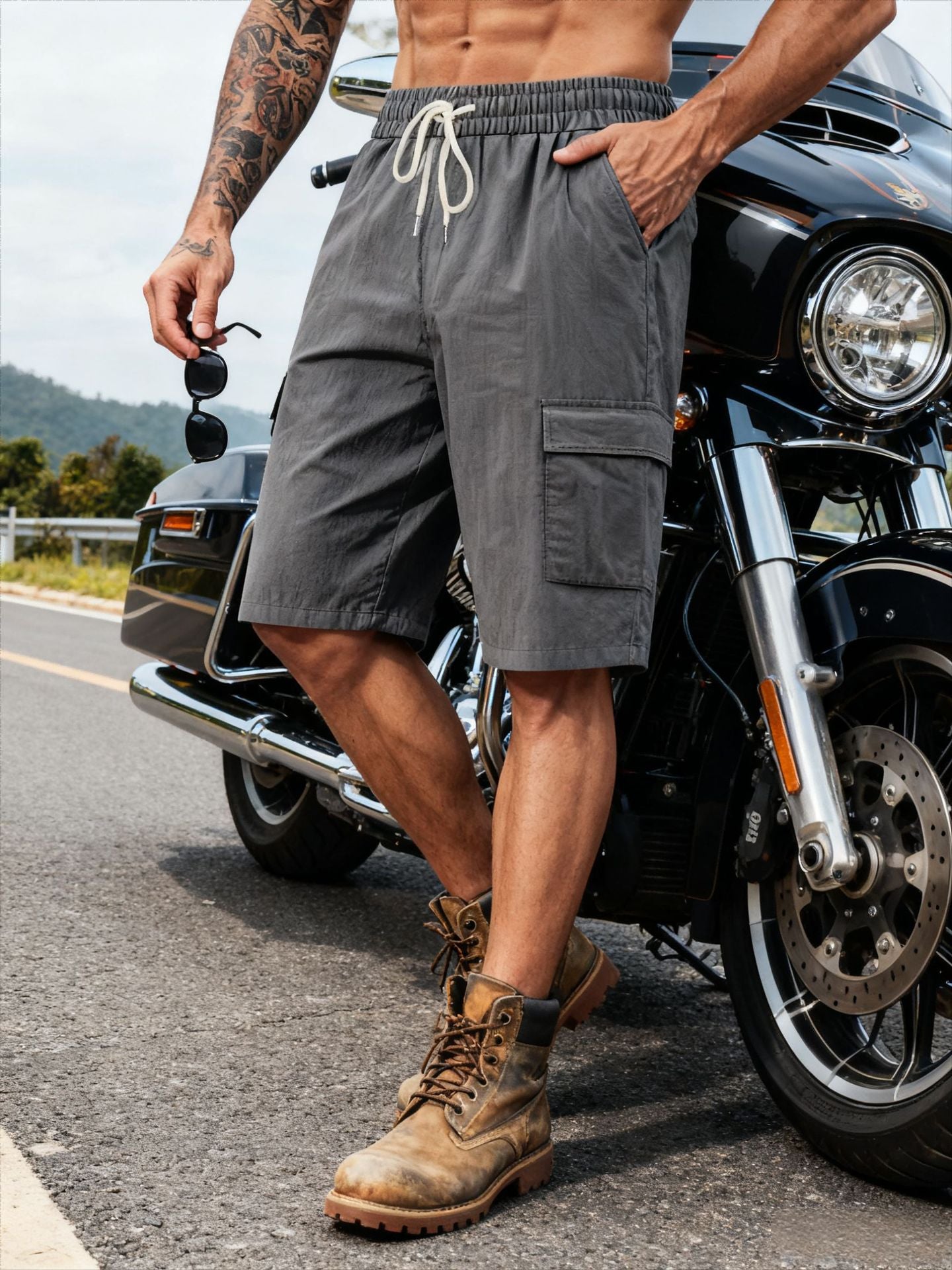 Men's Linen-Blend Cargo Shorts, Elastic Waist Drawstring Multi-Pocket Casual Summer Shorts