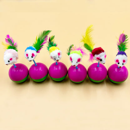 Cat Teaser Tumbler Mouse Toy - Faux Feather Mouse Ball, Random Colors for Kittens & Dogs