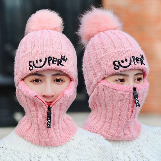 Women's Winter Knitted Hat Cold Weather Face Mask Neck Warmer Pom Beanie