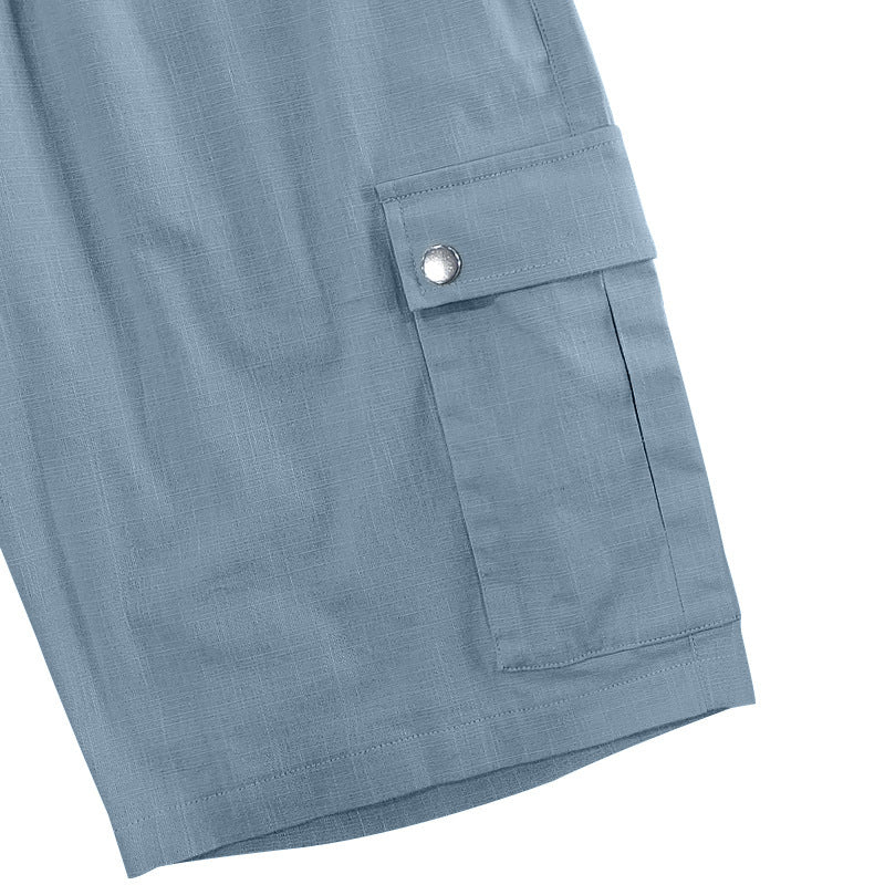 Men Linen Elastic Waist Casual Cargo Shorts
