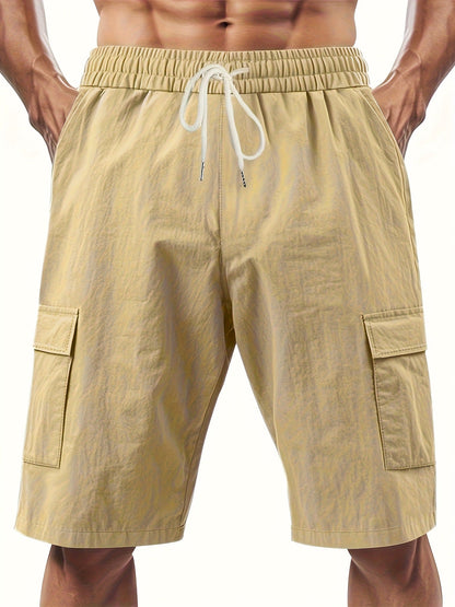 Men's Linen-Blend Cargo Shorts, Elastic Waist Drawstring Multi-Pocket Casual Summer Shorts