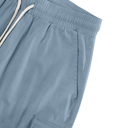 Men Linen Elastic Waist Casual Cargo Shorts