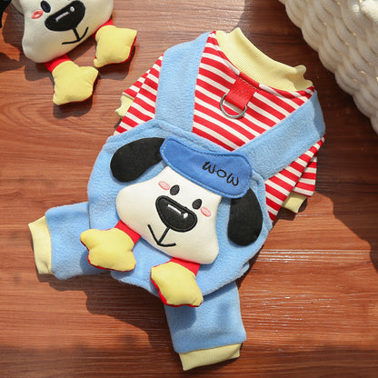 Cute Cartoon Puppy Pet Vest - Striped Fleece Dog Jacket with Leash D-Ring