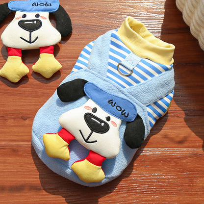 Cute Cartoon Puppy Pet Vest - Striped Fleece Dog Jacket with Leash D-Ring