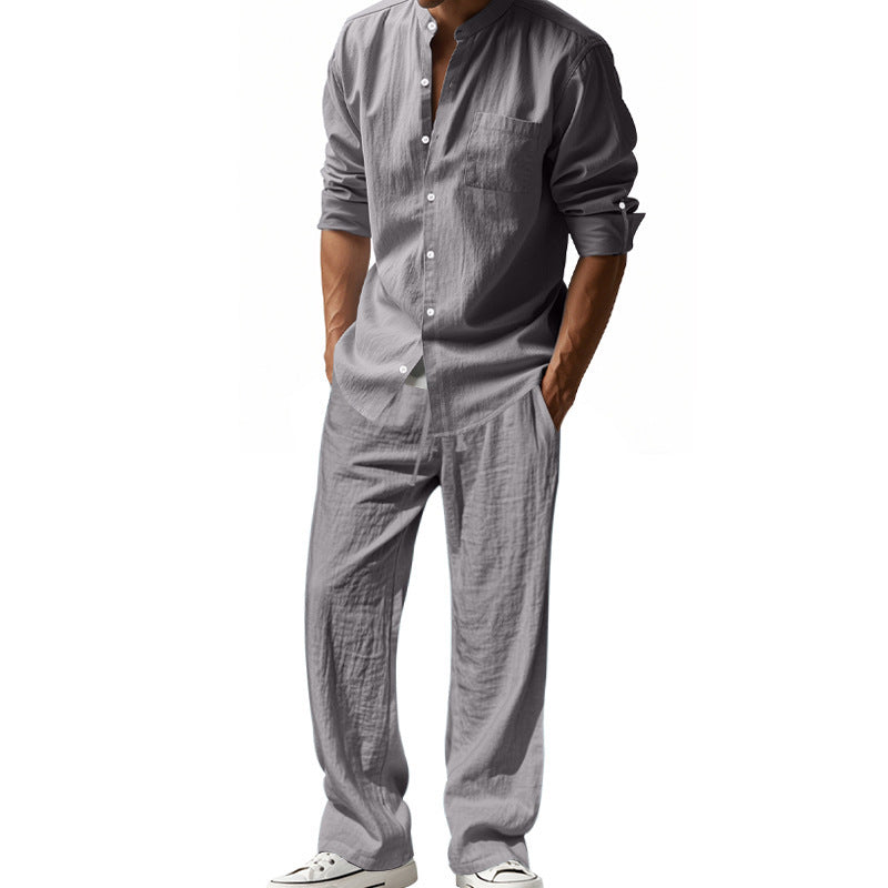 Men's Linen Blend 2-Piece Outfit, Stand Collar Roll-Up Sleeve Shirt & Wide Leg Pants Casual Set