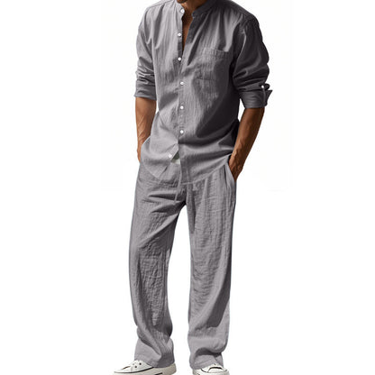 Men's Linen Blend 2-Piece Outfit, Stand Collar Roll-Up Sleeve Shirt & Wide Leg Pants Casual Set