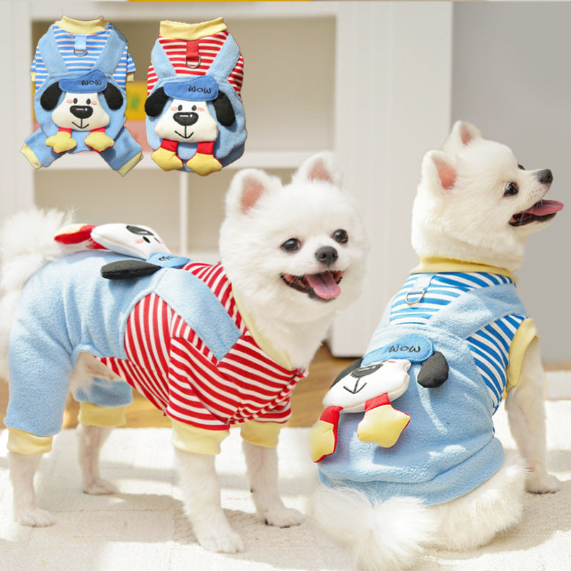 Cute Cartoon Puppy Pet Vest - Striped Fleece Dog Jacket with Leash D-Ring