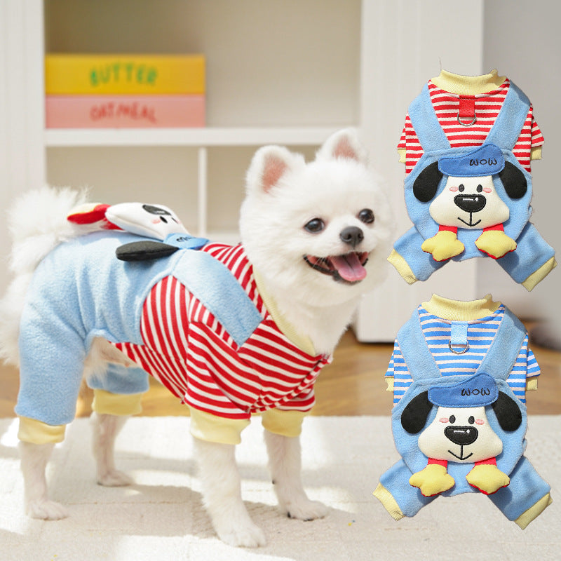 Cute Cartoon Puppy Pet Vest - Striped Fleece Dog Jacket with Leash D-Ring