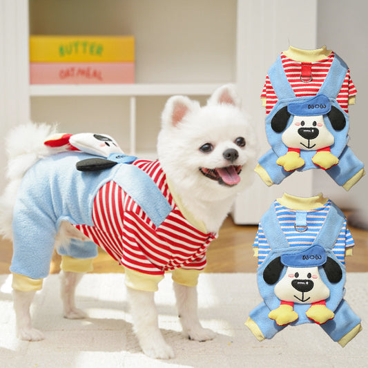 Cute Cartoon Puppy Pet Vest - Striped Fleece Dog Jacket with Leash D-Ring