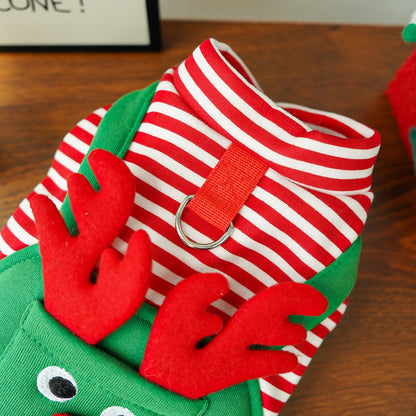 Festive Christmas Reindeer Puppy Pet Vest - Striped Fleece Dog Jacket with Leash D-Ring