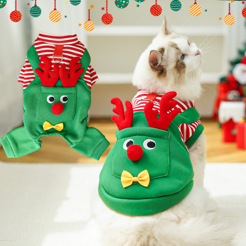 Festive Christmas Reindeer Puppy Pet Vest - Striped Fleece Dog Jacket with Leash D-Ring