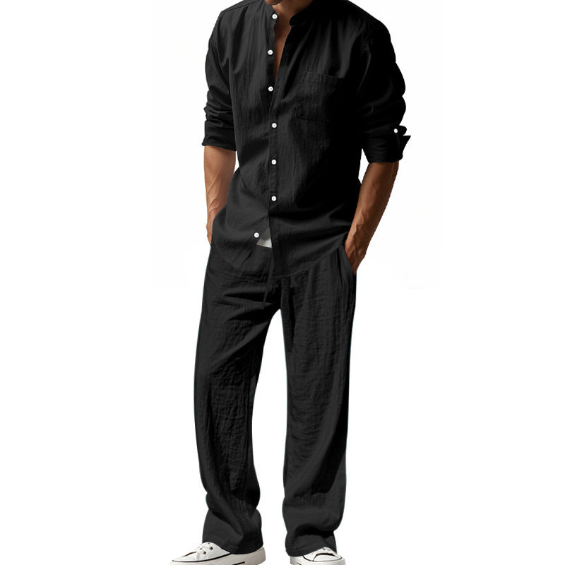 Men's Linen Blend 2-Piece Outfit, Stand Collar Roll-Up Sleeve Shirt & Wide Leg Pants Casual Set