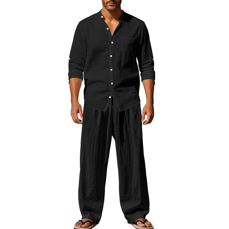 Men's Linen Blend 2-Piece Outfit, Stand Collar Roll-Up Sleeve Shirt & Wide Leg Pants Casual Set