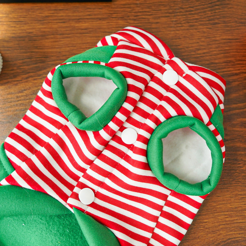 Festive Christmas Reindeer Puppy Pet Vest - Striped Fleece Dog Jacket with Leash D-Ring