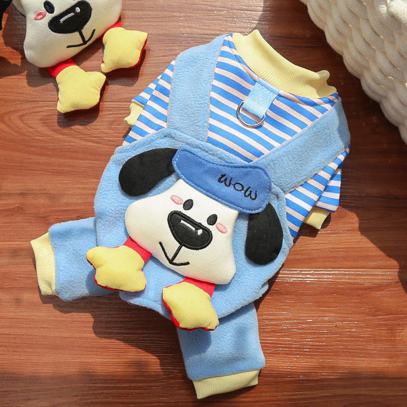 Cute Cartoon Puppy Pet Vest - Striped Fleece Dog Jacket with Leash D-Ring