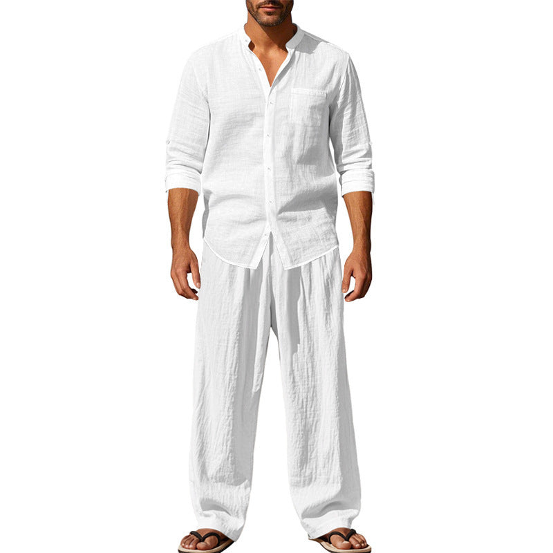 Men's Linen Blend 2-Piece Outfit, Stand Collar Roll-Up Sleeve Shirt & Wide Leg Pants Casual Set