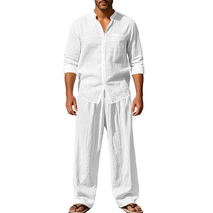Men's Linen Blend 2-Piece Outfit, Stand Collar Roll-Up Sleeve Shirt & Wide Leg Pants Casual Set