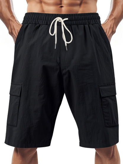 Men's Linen-Blend Cargo Shorts, Elastic Waist Drawstring Multi-Pocket Casual Summer Shorts