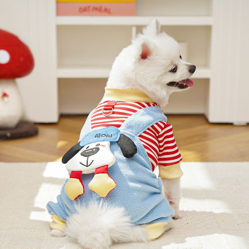 Cute Cartoon Puppy Pet Vest - Striped Fleece Dog Jacket with Leash D-Ring