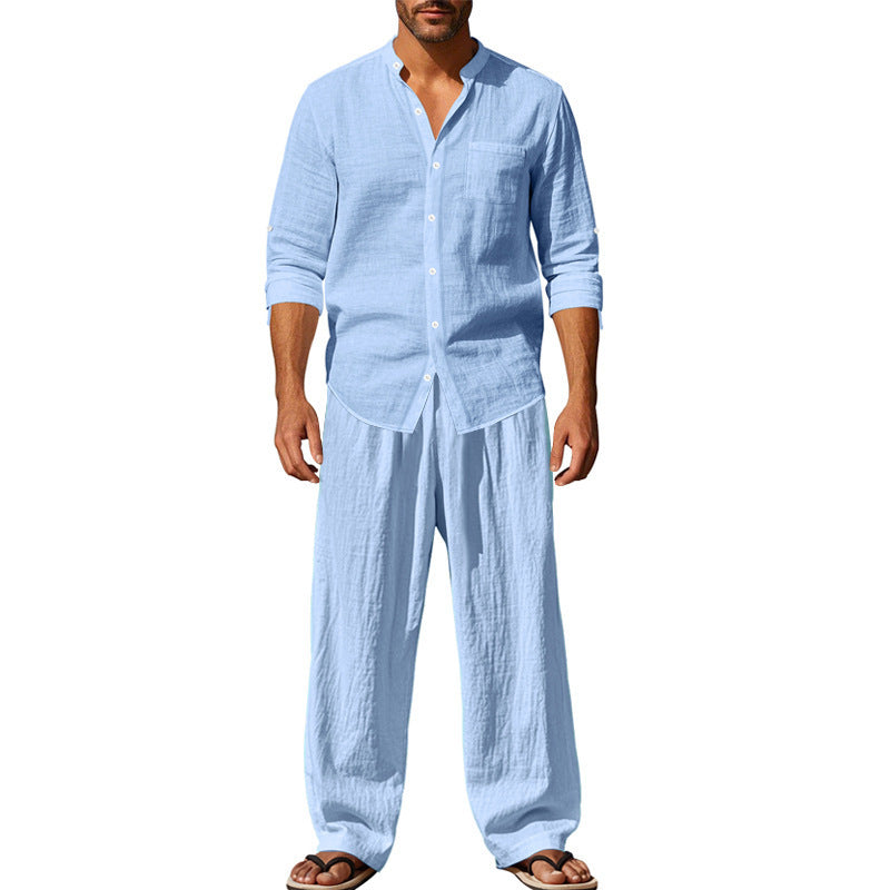 Men's Linen Blend 2-Piece Outfit, Stand Collar Roll-Up Sleeve Shirt & Wide Leg Pants Casual Set