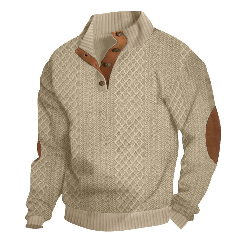 Men's Quarter-Button Jacquard Sweater - Long Sleeve Mock Neck Pullover with Elbow Patches