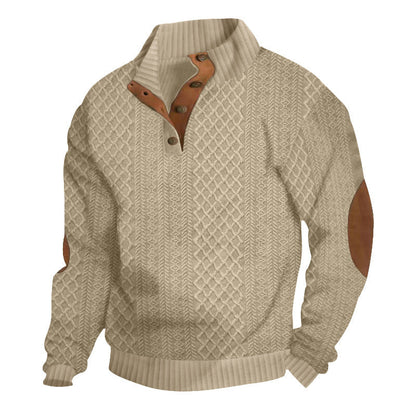 Men's Quarter-Button Jacquard Sweater - Long Sleeve Mock Neck Pullover with Elbow Patches