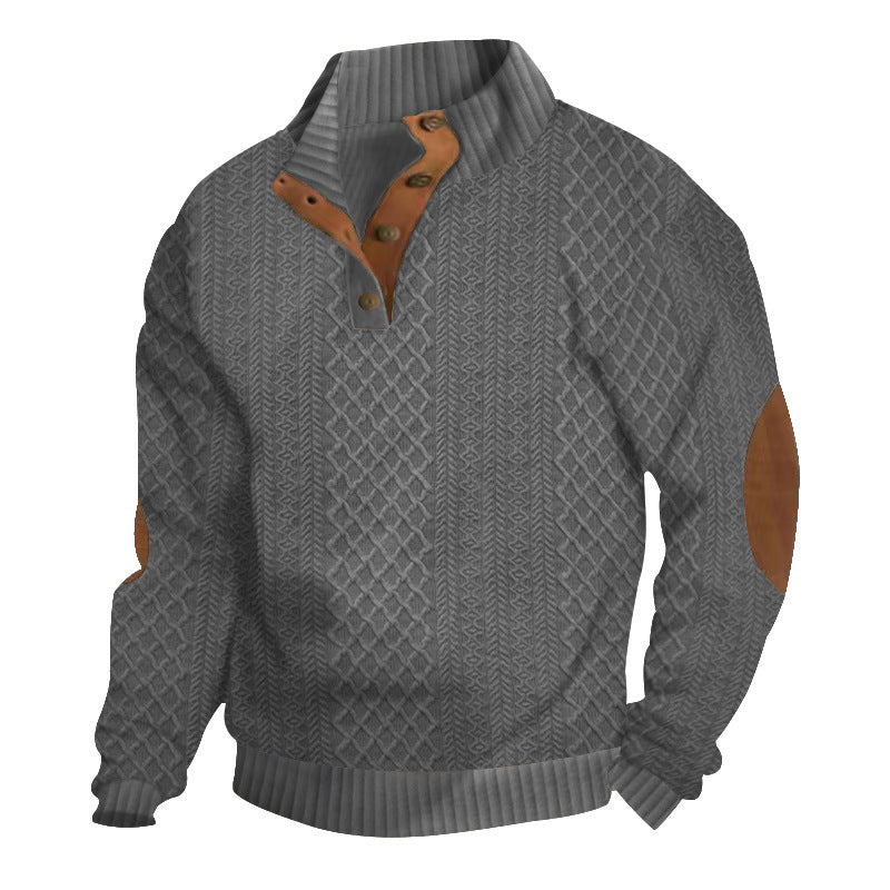 Men's Quarter-Button Jacquard Sweater - Long Sleeve Mock Neck Pullover with Elbow Patches