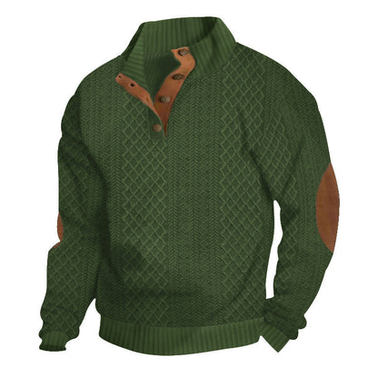 Men's Quarter-Button Jacquard Sweater - Long Sleeve Mock Neck Pullover with Elbow Patches