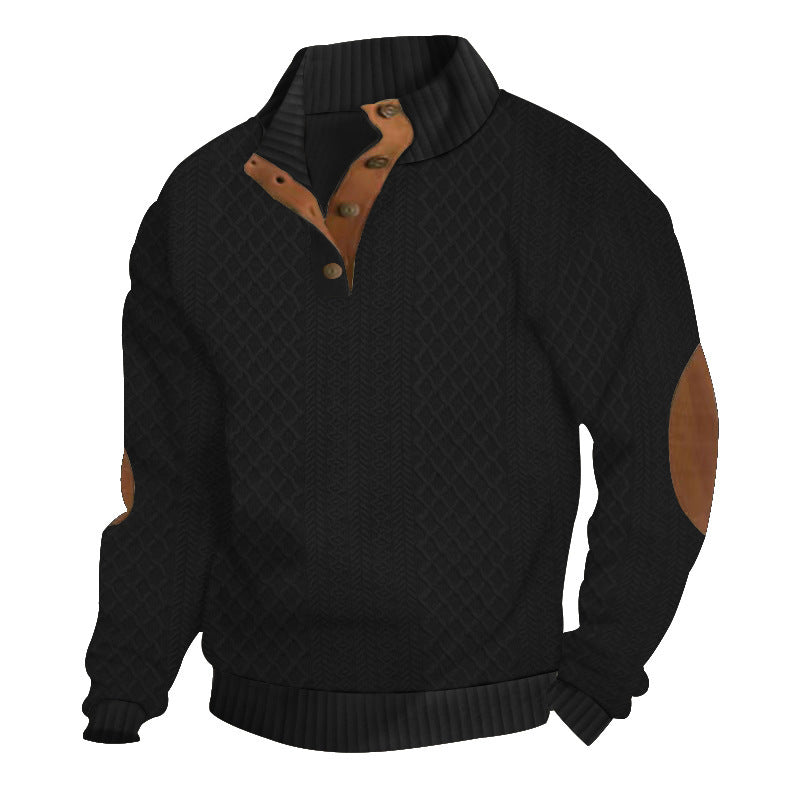 Men's Quarter-Button Jacquard Sweater - Long Sleeve Mock Neck Pullover with Elbow Patches