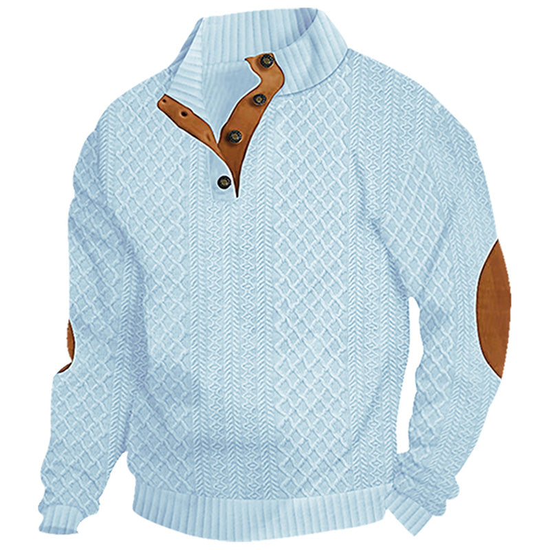 Men's Quarter-Button Jacquard Sweater - Long Sleeve Mock Neck Pullover with Elbow Patches