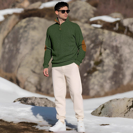 Men's Quarter-Button Jacquard Sweater - Long Sleeve Mock Neck Pullover with Elbow Patches
