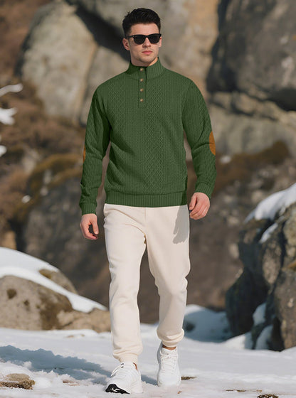 Men's Quarter-Button Jacquard Sweater - Long Sleeve Mock Neck Pullover with Elbow Patches