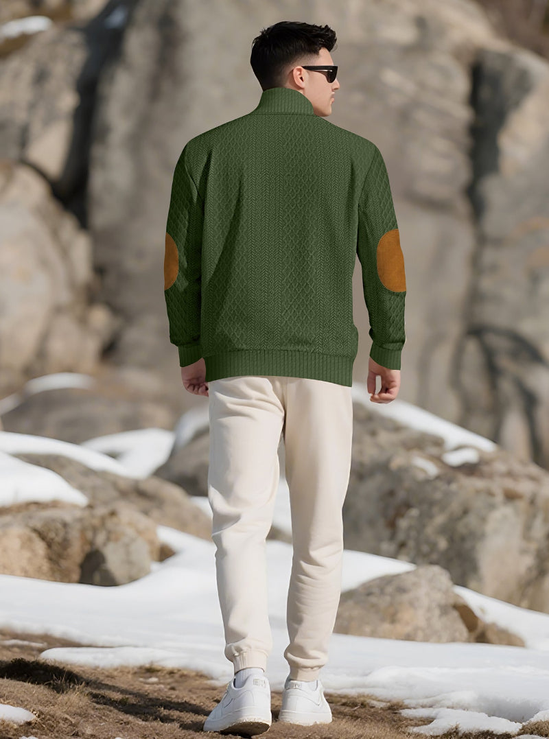 Men's Quarter-Button Jacquard Sweater - Long Sleeve Mock Neck Pullover with Elbow Patches