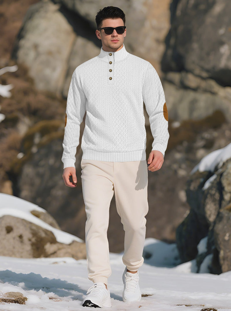 Men's Quarter-Button Jacquard Sweater - Long Sleeve Mock Neck Pullover with Elbow Patches