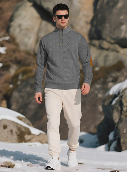 Men's Quarter-Button Jacquard Sweater - Long Sleeve Mock Neck Pullover with Elbow Patches