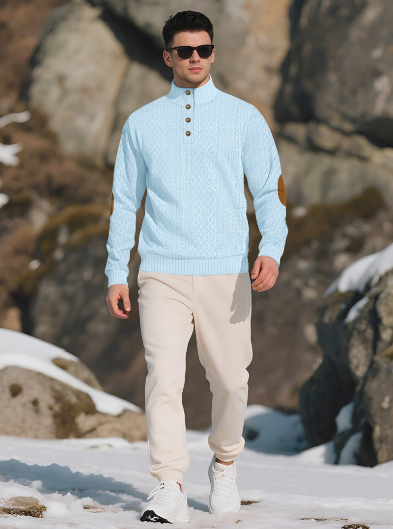 Men's Quarter-Button Jacquard Sweater - Long Sleeve Mock Neck Pullover with Elbow Patches