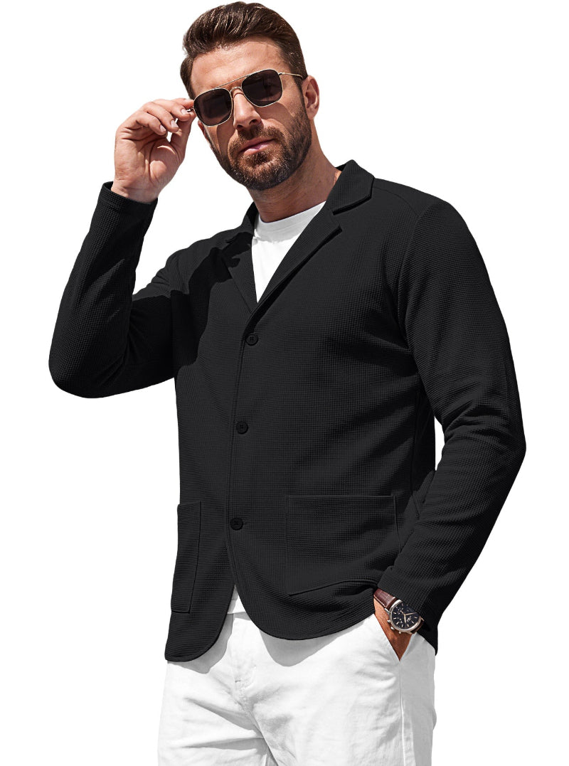 Men's Waffle-Knit Cardigan Jacket — Notch Lapel & Patch Pockets