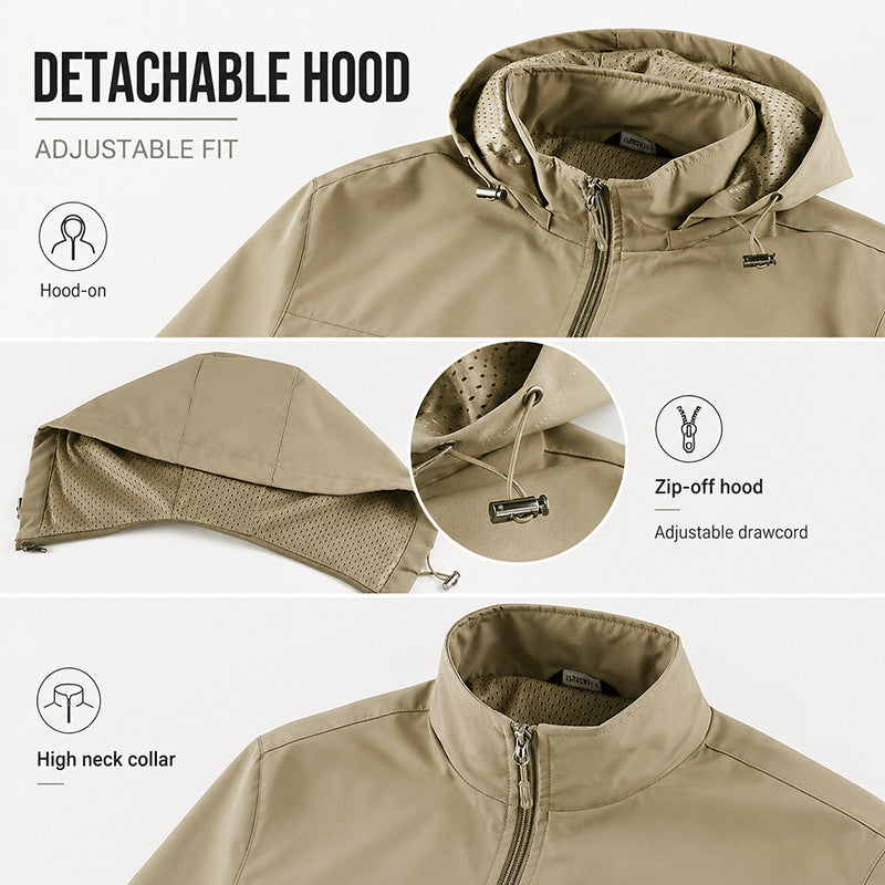 Men’s Lightweight Hooded Utility Jacket-Detachable Hood & Multi-Pocket Design