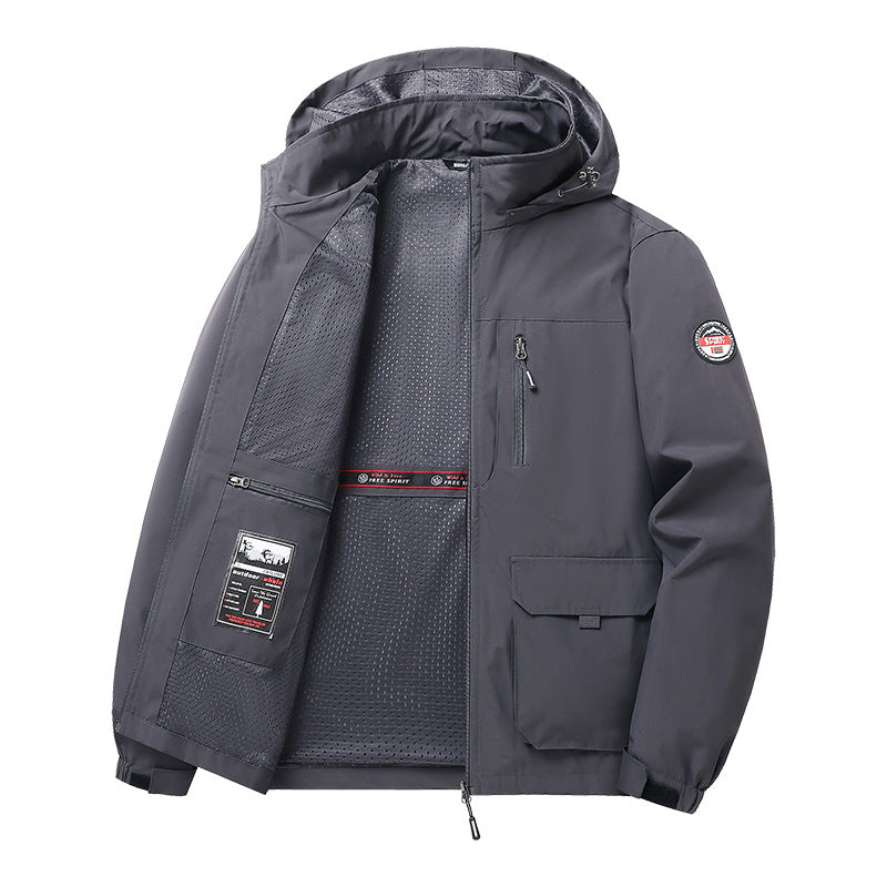 Men’s Lightweight Hooded Utility Jacket-Detachable Hood & Multi-Pocket Design