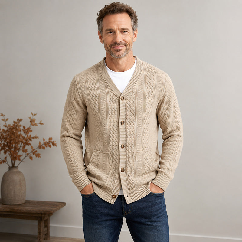 Men's Textured Jacquard V-Neck Cardigan